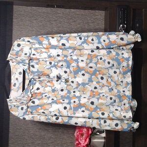 Joie Top Floral Blue Orange Tie Front Long Sleeve Decorative Eyelet Trim…